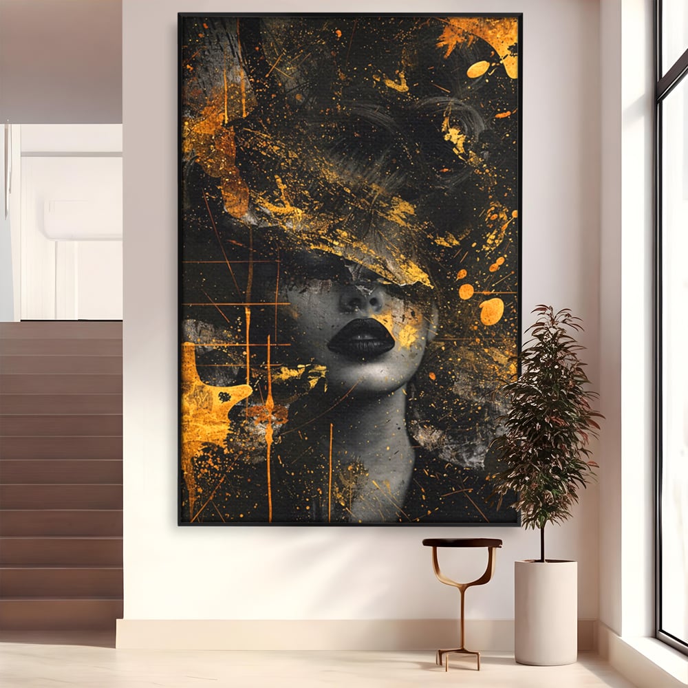 Leinwand Premium Canvas Wandkunst, LuxCanva® C1294, Frau als Geheimnis, Abstrakt, Portrait, Gold, Schwarz, Frau, Drama, Stille, Schweigen, Gesicht, Schönheit, Atmen, Nacht, Diva, Podium, Büro, Wohnen, Schlafzimmer