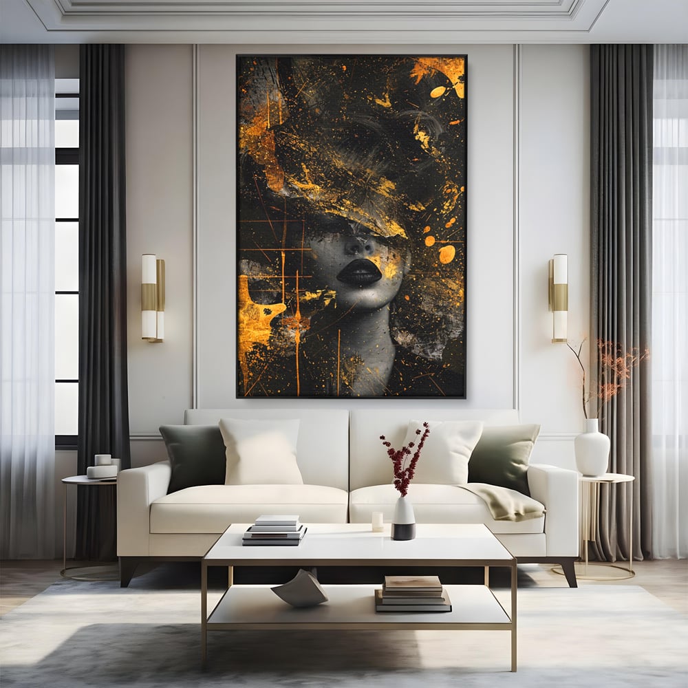 Leinwand Premium Canvas Wandkunst, LuxCanva® C1294, Frau als Geheimnis, Abstrakt, Portrait, Gold, Schwarz, Frau, Drama, Stille, Schweigen, Gesicht, Schönheit, Atmen, Nacht, Diva, Podium, Büro, Wohnen, Schlafzimmer
