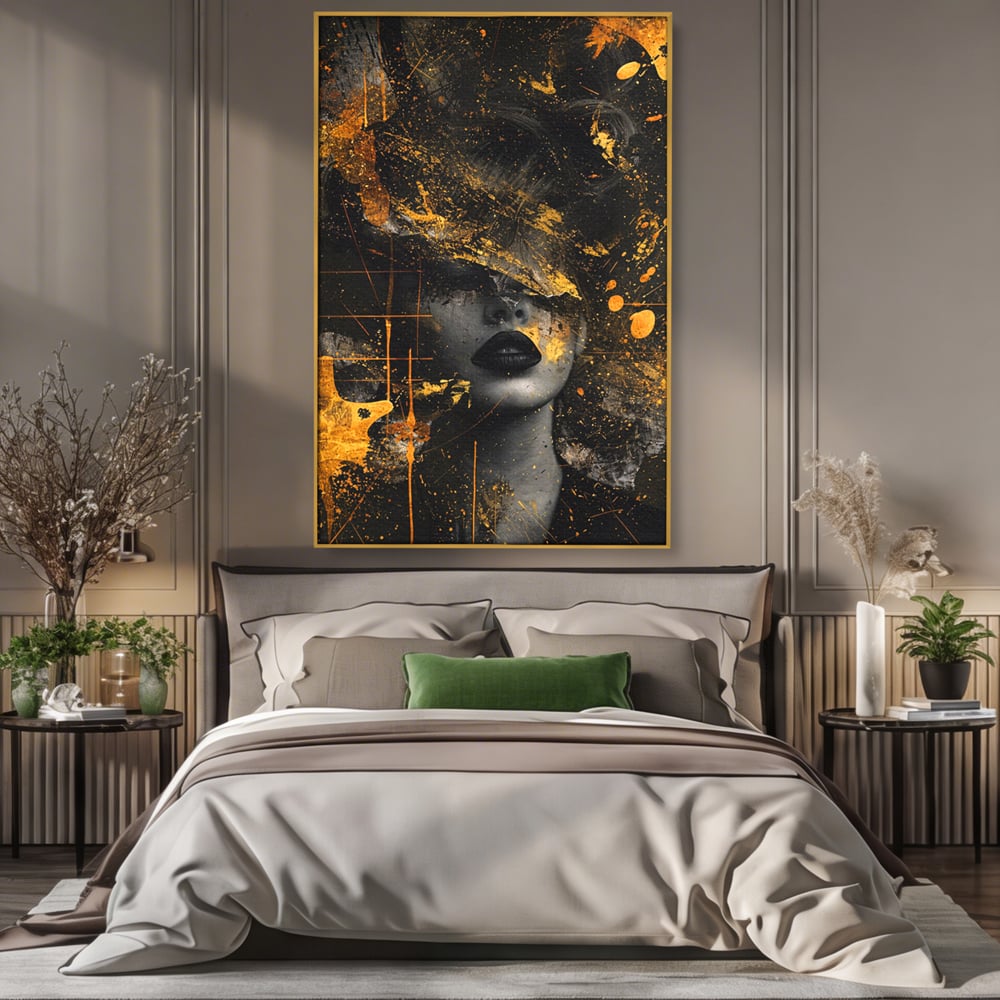 Leinwand Premium Canvas Wandkunst, LuxCanva® C1294, Frau als Geheimnis, Abstrakt, Portrait, Gold, Schwarz, Frau, Drama, Stille, Schweigen, Gesicht, Schönheit, Atmen, Nacht, Diva, Podium, Büro, Wohnen, Schlafzimmer