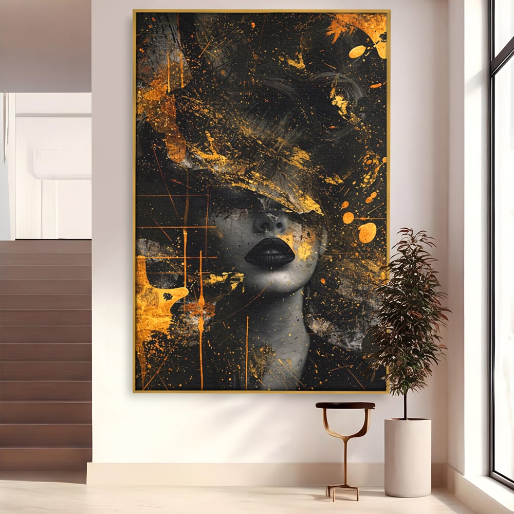Leinwand Premium Canvas Wandkunst, LuxCanva® C1294, Frau als Geheimnis, Abstrakt, Portrait, Gold, Schwarz, Frau, Drama, Stille, Schweigen, Gesicht, Schönheit, Atmen, Nacht, Diva, Podium, Büro, Wohnen, Schlafzimmer