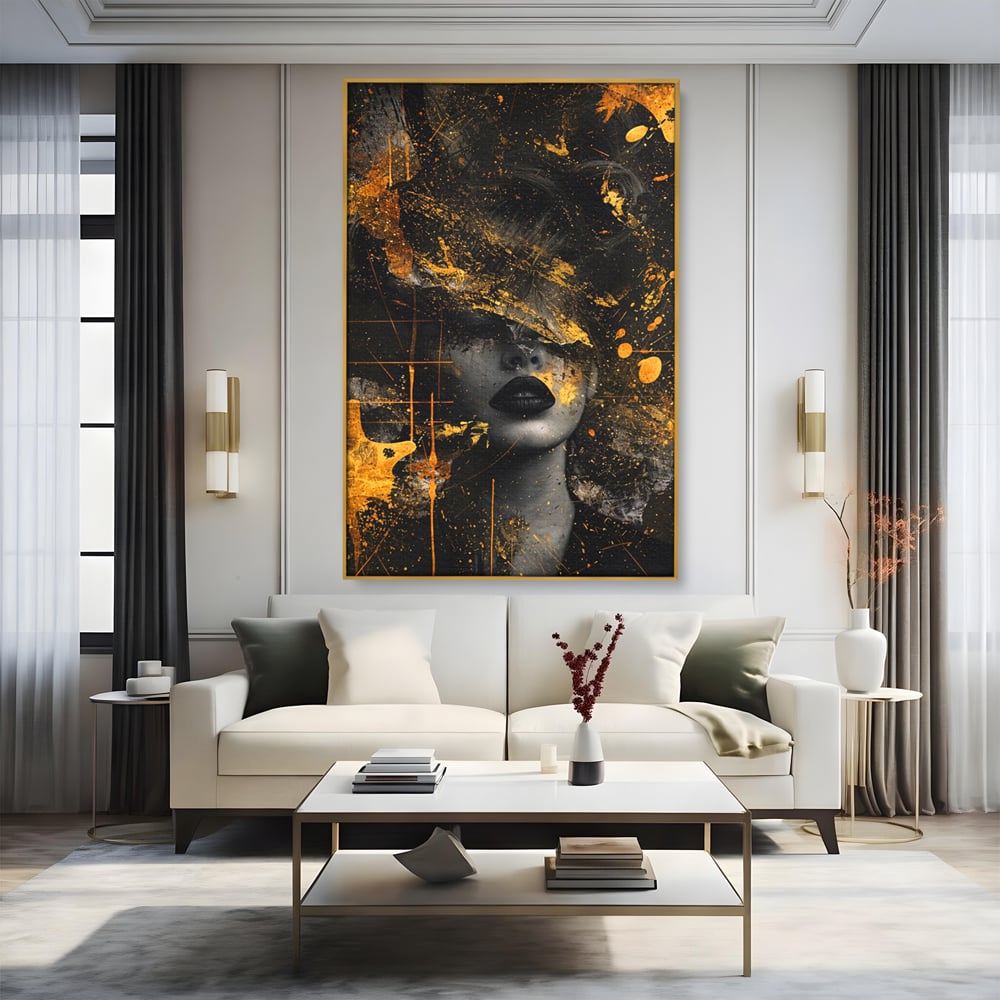 Leinwand Premium Canvas Wandkunst, LuxCanva® C1294, Frau als Geheimnis, Abstrakt, Portrait, Gold, Schwarz, Frau, Drama, Stille, Schweigen, Gesicht, Schönheit, Atmen, Nacht, Diva, Podium, Büro, Wohnen, Schlafzimmer