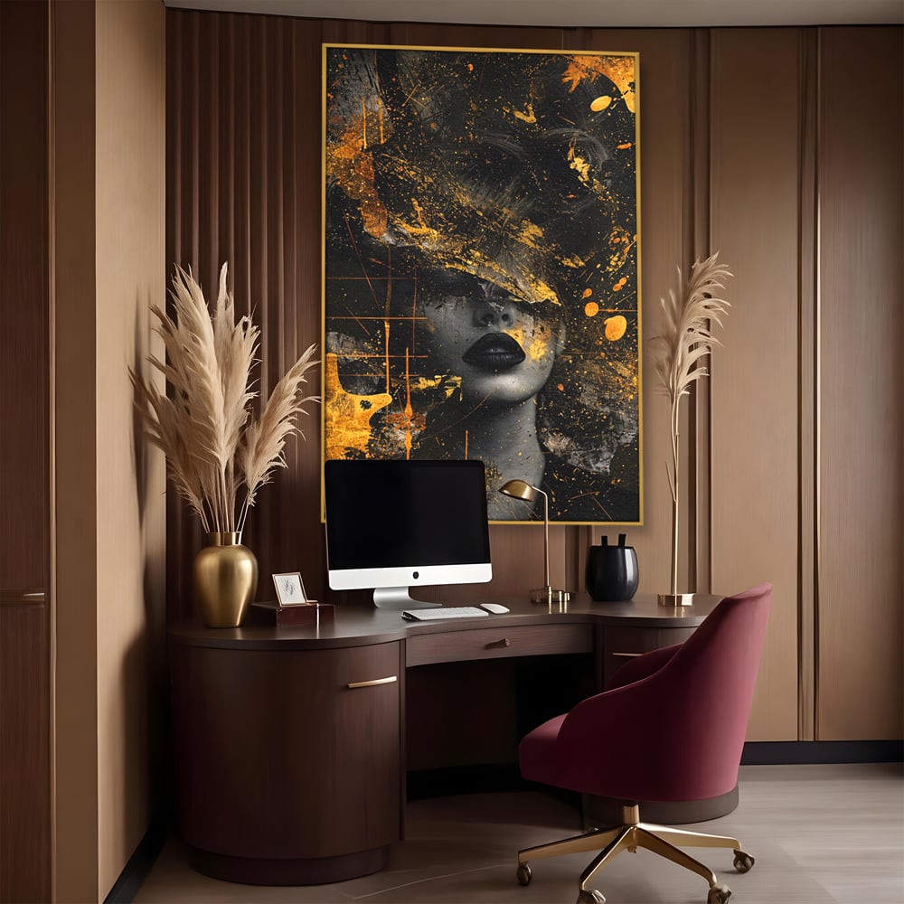 Leinwand Premium Canvas Wandkunst, LuxCanva® C1294, Frau als Geheimnis, Abstrakt, Portrait, Gold, Schwarz, Frau, Drama, Stille, Schweigen, Gesicht, Schönheit, Atmen, Nacht, Diva, Podium, Büro, Wohnen, Schlafzimmer