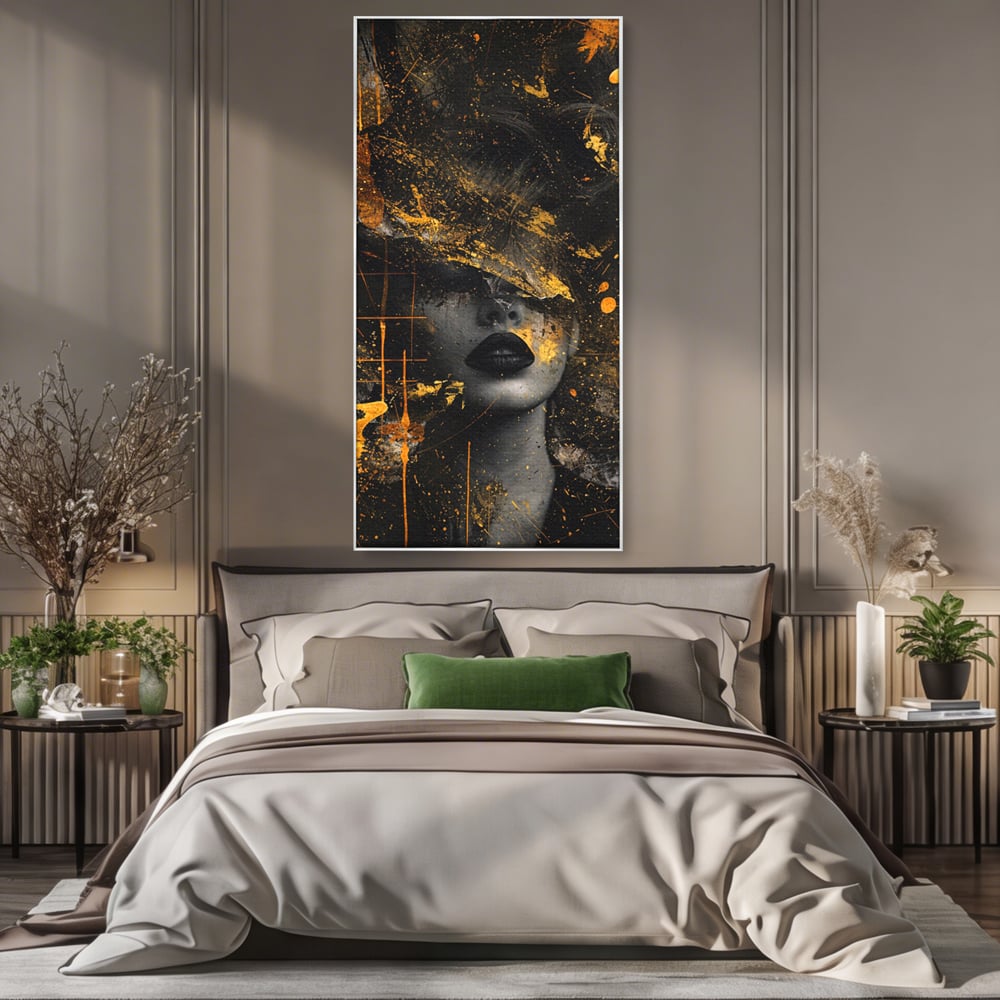 Leinwand Premium Canvas Wandkunst, LuxCanva® C1294, Frau als Geheimnis, Abstrakt, Portrait, Gold, Schwarz, Frau, Drama, Stille, Schweigen, Gesicht, Schönheit, Atmen, Nacht, Diva, Podium, Büro, Wohnen, Schlafzimmer