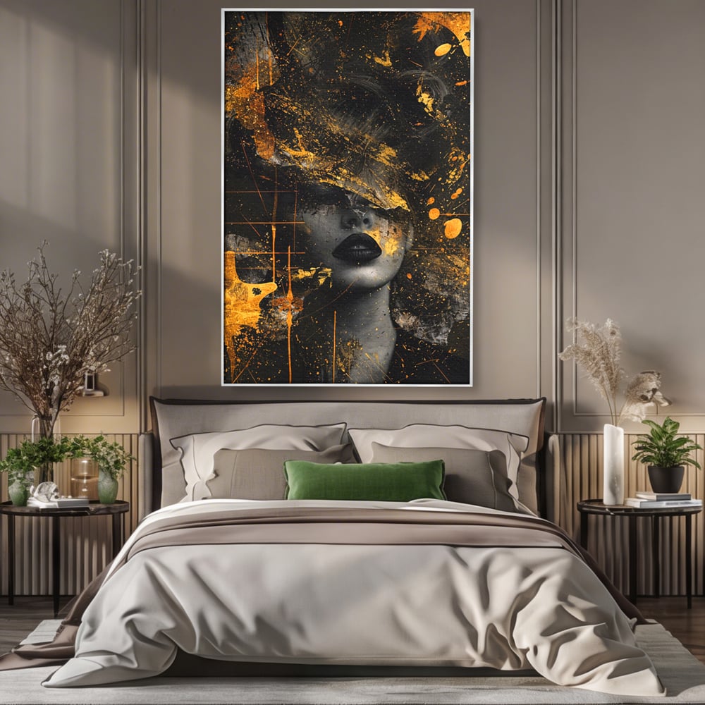 Leinwand Premium Canvas Wandkunst, LuxCanva® C1294, Frau als Geheimnis, Abstrakt, Portrait, Gold, Schwarz, Frau, Drama, Stille, Schweigen, Gesicht, Schönheit, Atmen, Nacht, Diva, Podium, Büro, Wohnen, Schlafzimmer
