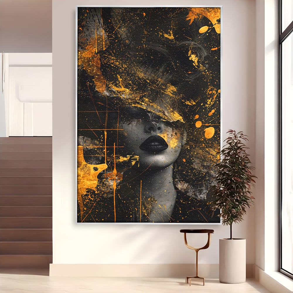 Leinwand Premium Canvas Wandkunst, LuxCanva® C1294, Frau als Geheimnis, Abstrakt, Portrait, Gold, Schwarz, Frau, Drama, Stille, Schweigen, Gesicht, Schönheit, Atmen, Nacht, Diva, Podium, Büro, Wohnen, Schlafzimmer