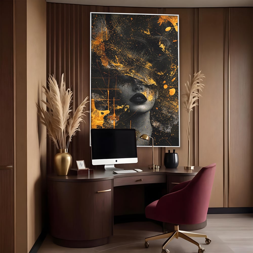 Leinwand Premium Canvas Wandkunst, LuxCanva® C1294, Frau als Geheimnis, Abstrakt, Portrait, Gold, Schwarz, Frau, Drama, Stille, Schweigen, Gesicht, Schönheit, Atmen, Nacht, Diva, Podium, Büro, Wohnen, Schlafzimmer