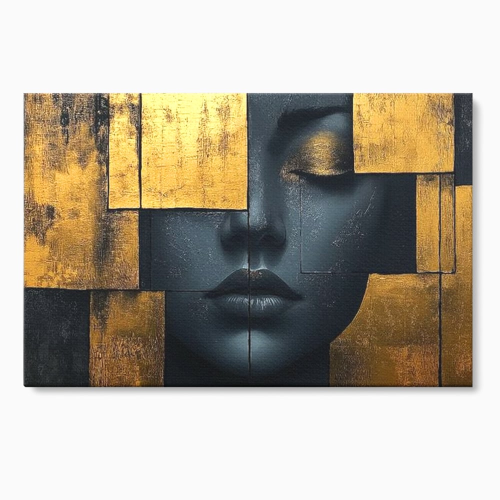 Leinwand Premium Canvas Wandkunst, LuxCanva® C1295, Frau als Tempel, Abstrakt, Porträt, Gold, Schwarz, Frau, Stille, Stille, Fliesen, Geometrie, Gesicht, Ruhe, Augen, Seele, Raffiniert, Büro, Wohnzimmer, Schlafzimmer