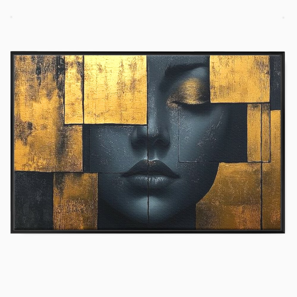 Leinwand Premium Canvas Wandkunst, LuxCanva® C1295, Frau als Tempel, Abstrakt, Porträt, Gold, Schwarz, Frau, Stille, Stille, Fliesen, Geometrie, Gesicht, Ruhe, Augen, Seele, Raffiniert, Büro, Wohnzimmer, Schlafzimmer