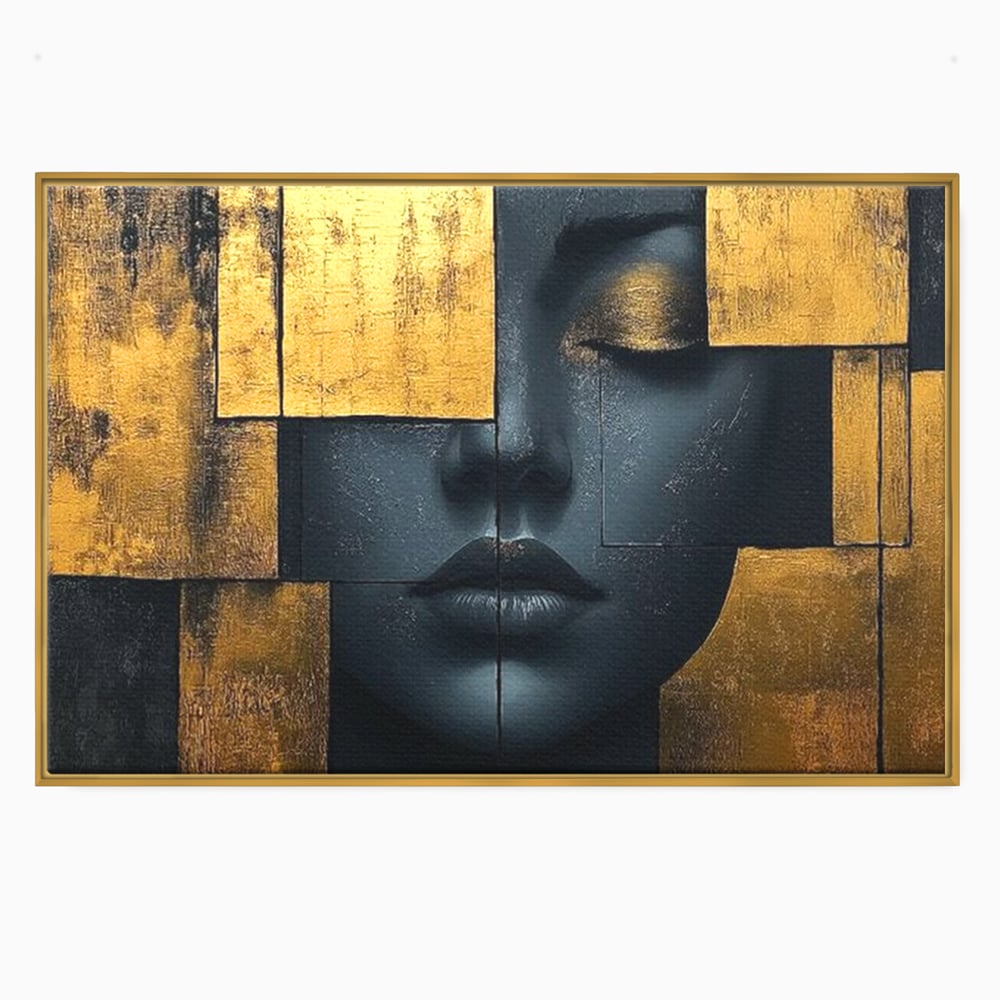 Leinwand Premium Canvas Wandkunst, LuxCanva® C1295, Frau als Tempel, Abstrakt, Porträt, Gold, Schwarz, Frau, Stille, Stille, Fliesen, Geometrie, Gesicht, Ruhe, Augen, Seele, Raffiniert, Büro, Wohnzimmer, Schlafzimmer