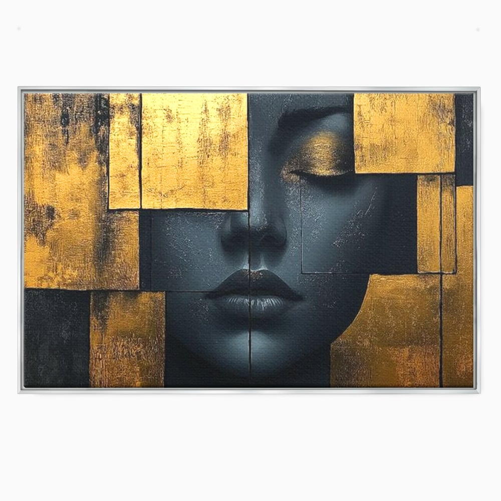 Leinwand Premium Canvas Wandkunst, LuxCanva® C1295, Frau als Tempel, Abstrakt, Porträt, Gold, Schwarz, Frau, Stille, Stille, Fliesen, Geometrie, Gesicht, Ruhe, Augen, Seele, Raffiniert, Büro, Wohnzimmer, Schlafzimmer