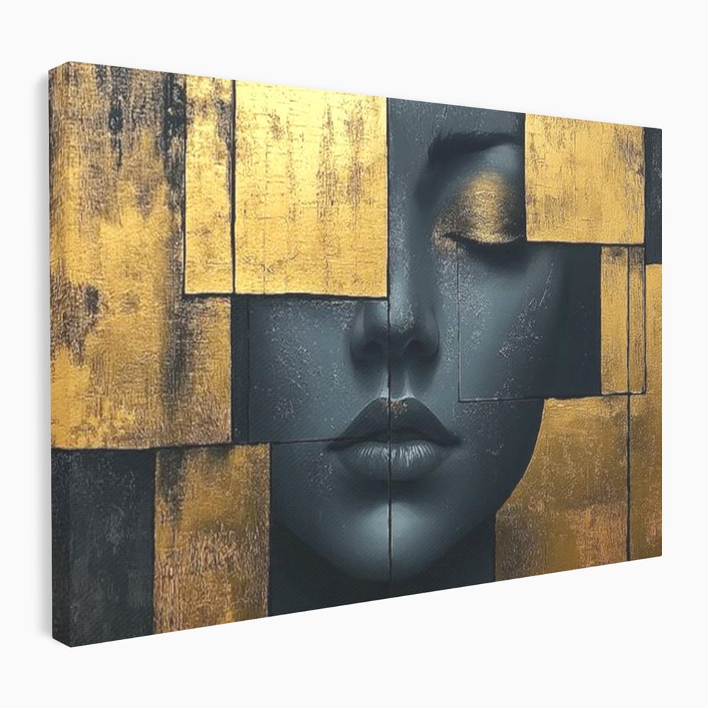 Leinwand Premium Canvas Wandkunst, LuxCanva® C1295, Frau als Tempel, Abstrakt, Porträt, Gold, Schwarz, Frau, Stille, Stille, Fliesen, Geometrie, Gesicht, Ruhe, Augen, Seele, Raffiniert, Büro, Wohnzimmer, Schlafzimmer