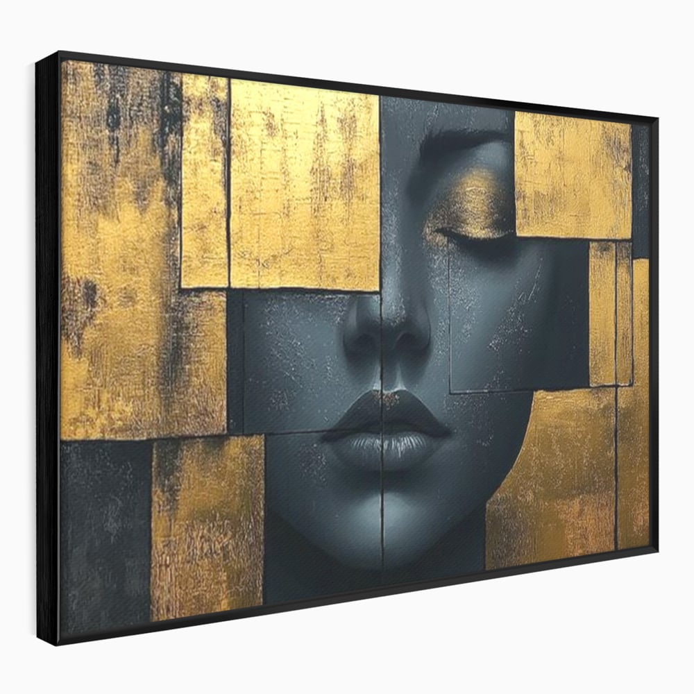 Leinwand Premium Canvas Wandkunst, LuxCanva® C1295, Frau als Tempel, Abstrakt, Porträt, Gold, Schwarz, Frau, Stille, Stille, Fliesen, Geometrie, Gesicht, Ruhe, Augen, Seele, Raffiniert, Büro, Wohnzimmer, Schlafzimmer