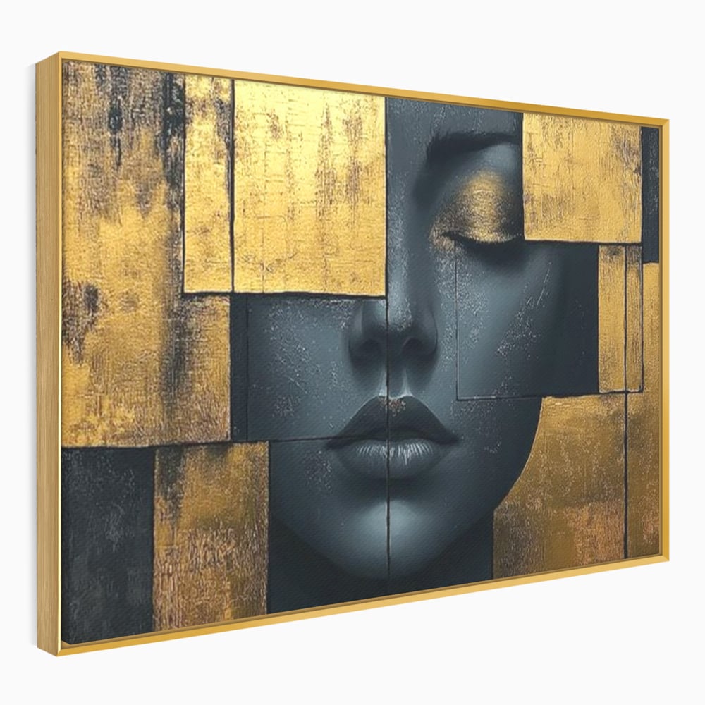 Leinwand Premium Canvas Wandkunst, LuxCanva® C1295, Frau als Tempel, Abstrakt, Porträt, Gold, Schwarz, Frau, Stille, Stille, Fliesen, Geometrie, Gesicht, Ruhe, Augen, Seele, Raffiniert, Büro, Wohnzimmer, Schlafzimmer
