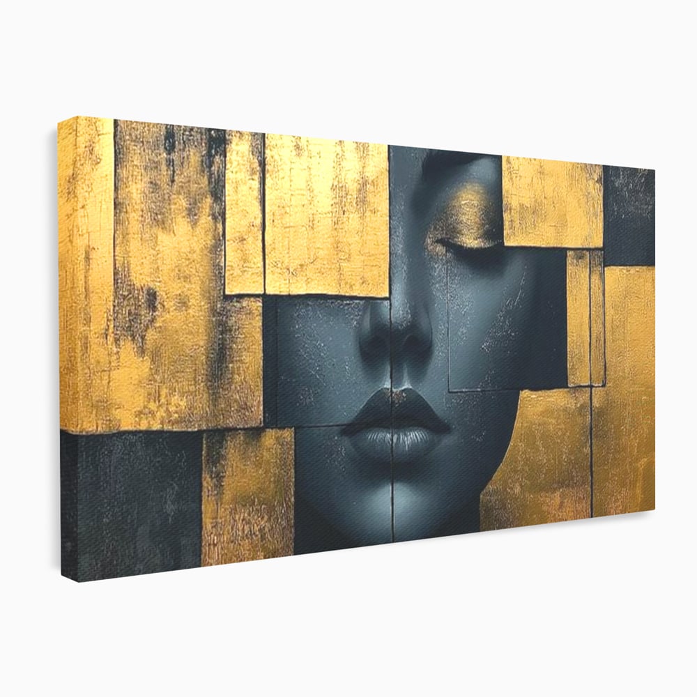 Leinwand Premium Canvas Wandkunst, LuxCanva® C1295, Frau als Tempel, Abstrakt, Porträt, Gold, Schwarz, Frau, Stille, Stille, Fliesen, Geometrie, Gesicht, Ruhe, Augen, Seele, Raffiniert, Büro, Wohnzimmer, Schlafzimmer