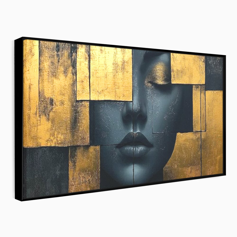 Leinwand Premium Canvas Wandkunst, LuxCanva® C1295, Frau als Tempel, Abstrakt, Porträt, Gold, Schwarz, Frau, Stille, Stille, Fliesen, Geometrie, Gesicht, Ruhe, Augen, Seele, Raffiniert, Büro, Wohnzimmer, Schlafzimmer