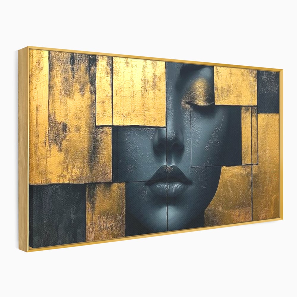 Leinwand Premium Canvas Wandkunst, LuxCanva® C1295, Frau als Tempel, Abstrakt, Porträt, Gold, Schwarz, Frau, Stille, Stille, Fliesen, Geometrie, Gesicht, Ruhe, Augen, Seele, Raffiniert, Büro, Wohnzimmer, Schlafzimmer