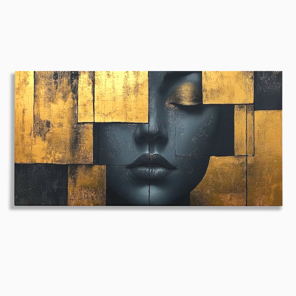 Leinwand Premium Canvas Wandkunst, LuxCanva® C1295, Frau als Tempel, Abstrakt, Porträt, Gold, Schwarz, Frau, Stille, Stille, Fliesen, Geometrie, Gesicht, Ruhe, Augen, Seele, Raffiniert, Büro, Wohnzimmer, Schlafzimmer