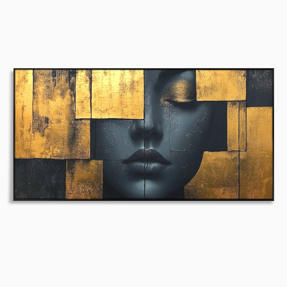 Leinwand Premium Canvas Wandkunst, LuxCanva® C1295, Frau als Tempel, Abstrakt, Porträt, Gold, Schwarz, Frau, Stille, Stille, Fliesen, Geometrie, Gesicht, Ruhe, Augen, Seele, Raffiniert, Büro, Wohnzimmer, Schlafzimmer