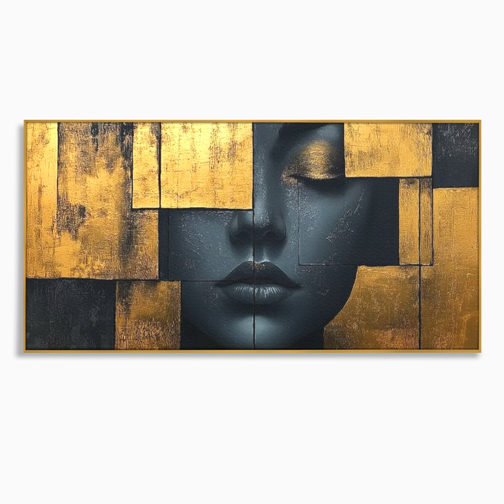 Leinwand Premium Canvas Wandkunst, LuxCanva® C1295, Frau als Tempel, Abstrakt, Porträt, Gold, Schwarz, Frau, Stille, Stille, Fliesen, Geometrie, Gesicht, Ruhe, Augen, Seele, Raffiniert, Büro, Wohnzimmer, Schlafzimmer