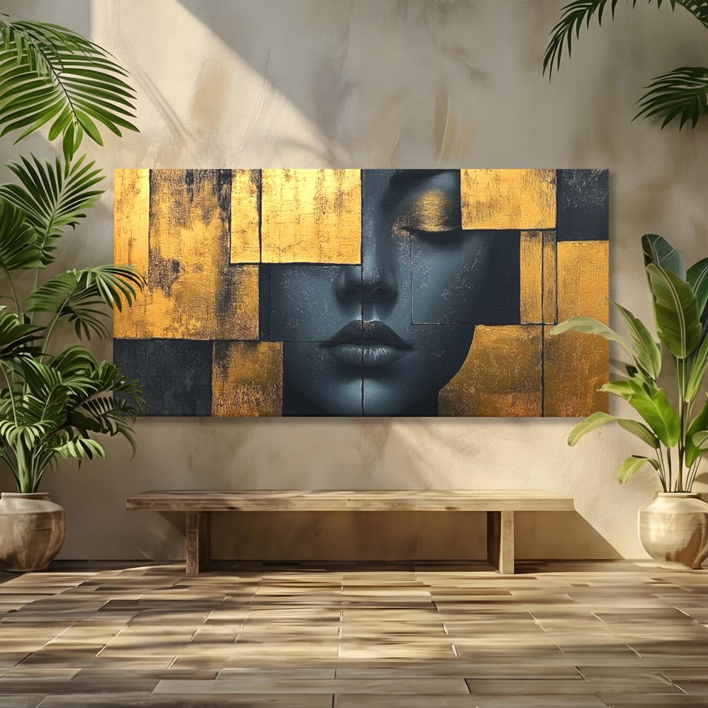 Leinwand Premium Canvas Wandkunst, LuxCanva® C1295, Frau als Tempel, Abstrakt, Porträt, Gold, Schwarz, Frau, Stille, Stille, Fliesen, Geometrie, Gesicht, Ruhe, Augen, Seele, Raffiniert, Büro, Wohnzimmer, Schlafzimmer