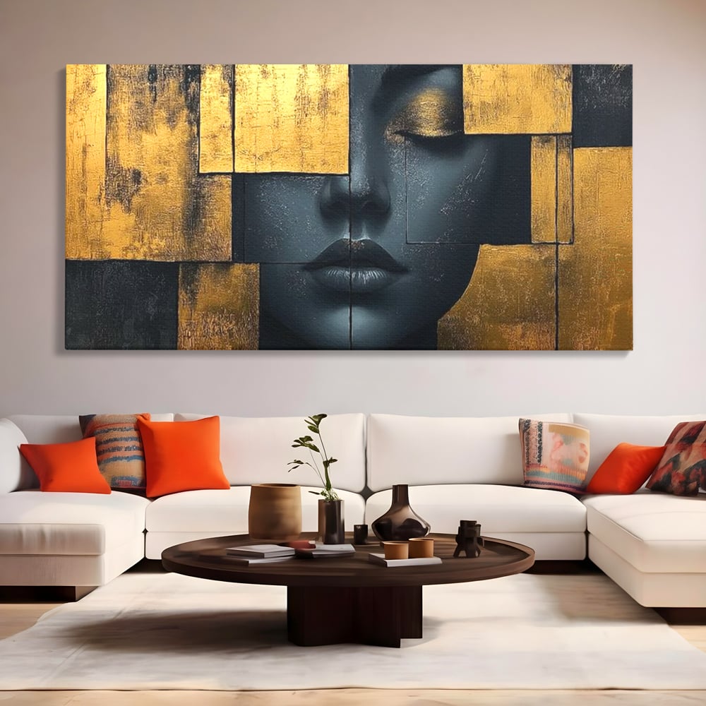 Leinwand Premium Canvas Wandkunst, LuxCanva® C1295, Frau als Tempel, Abstrakt, Porträt, Gold, Schwarz, Frau, Stille, Stille, Fliesen, Geometrie, Gesicht, Ruhe, Augen, Seele, Raffiniert, Büro, Wohnzimmer, Schlafzimmer