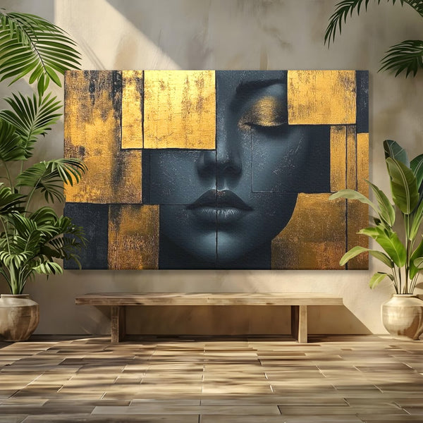 Leinwand Premium Canvas Wandkunst, LuxCanva® C1295, Frau als Tempel, Abstrakt, Porträt, Gold, Schwarz, Frau, Stille, Stille, Fliesen, Geometrie, Gesicht, Ruhe, Augen, Seele, Raffiniert, Büro, Wohnzimmer, Schlafzimmer