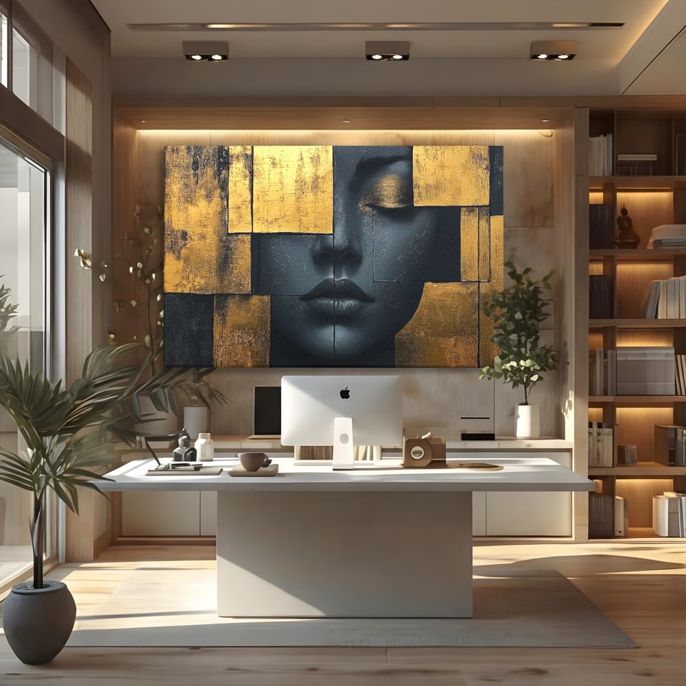 Leinwand Premium Canvas Wandkunst, LuxCanva® C1295, Frau als Tempel, Abstrakt, Porträt, Gold, Schwarz, Frau, Stille, Stille, Fliesen, Geometrie, Gesicht, Ruhe, Augen, Seele, Raffiniert, Büro, Wohnzimmer, Schlafzimmer