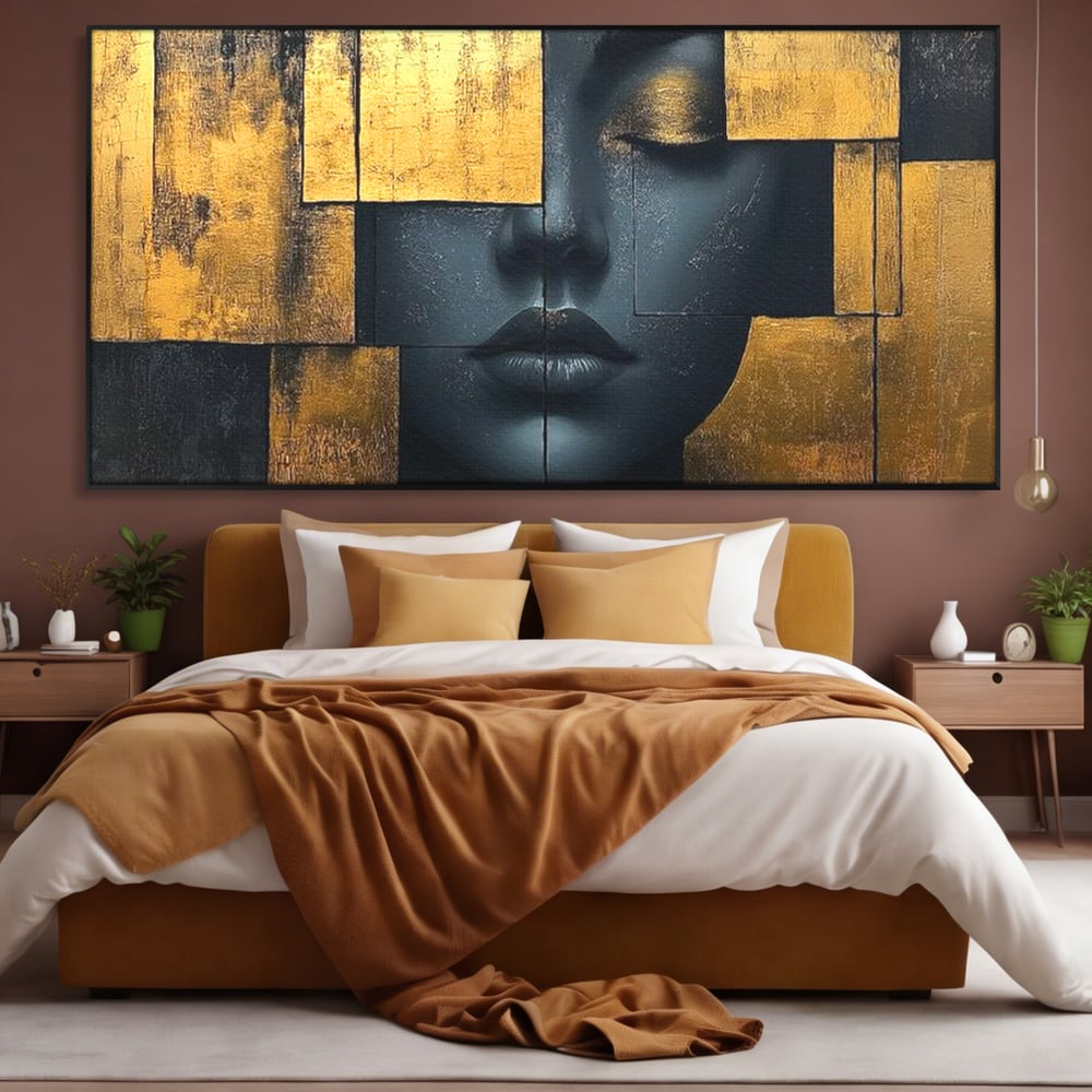Leinwand Premium Canvas Wandkunst, LuxCanva® C1295, Frau als Tempel, Abstrakt, Porträt, Gold, Schwarz, Frau, Stille, Stille, Fliesen, Geometrie, Gesicht, Ruhe, Augen, Seele, Raffiniert, Büro, Wohnzimmer, Schlafzimmer