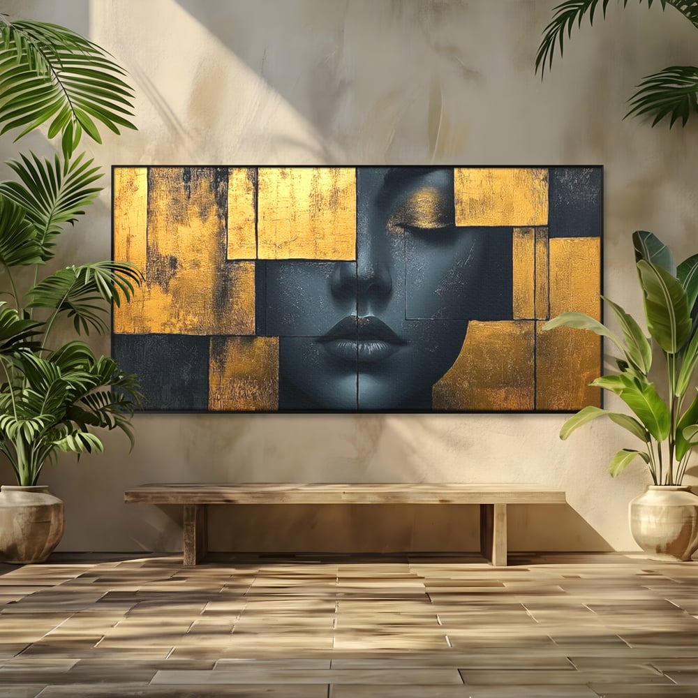 Leinwand Premium Canvas Wandkunst, LuxCanva® C1295, Frau als Tempel, Abstrakt, Porträt, Gold, Schwarz, Frau, Stille, Stille, Fliesen, Geometrie, Gesicht, Ruhe, Augen, Seele, Raffiniert, Büro, Wohnzimmer, Schlafzimmer