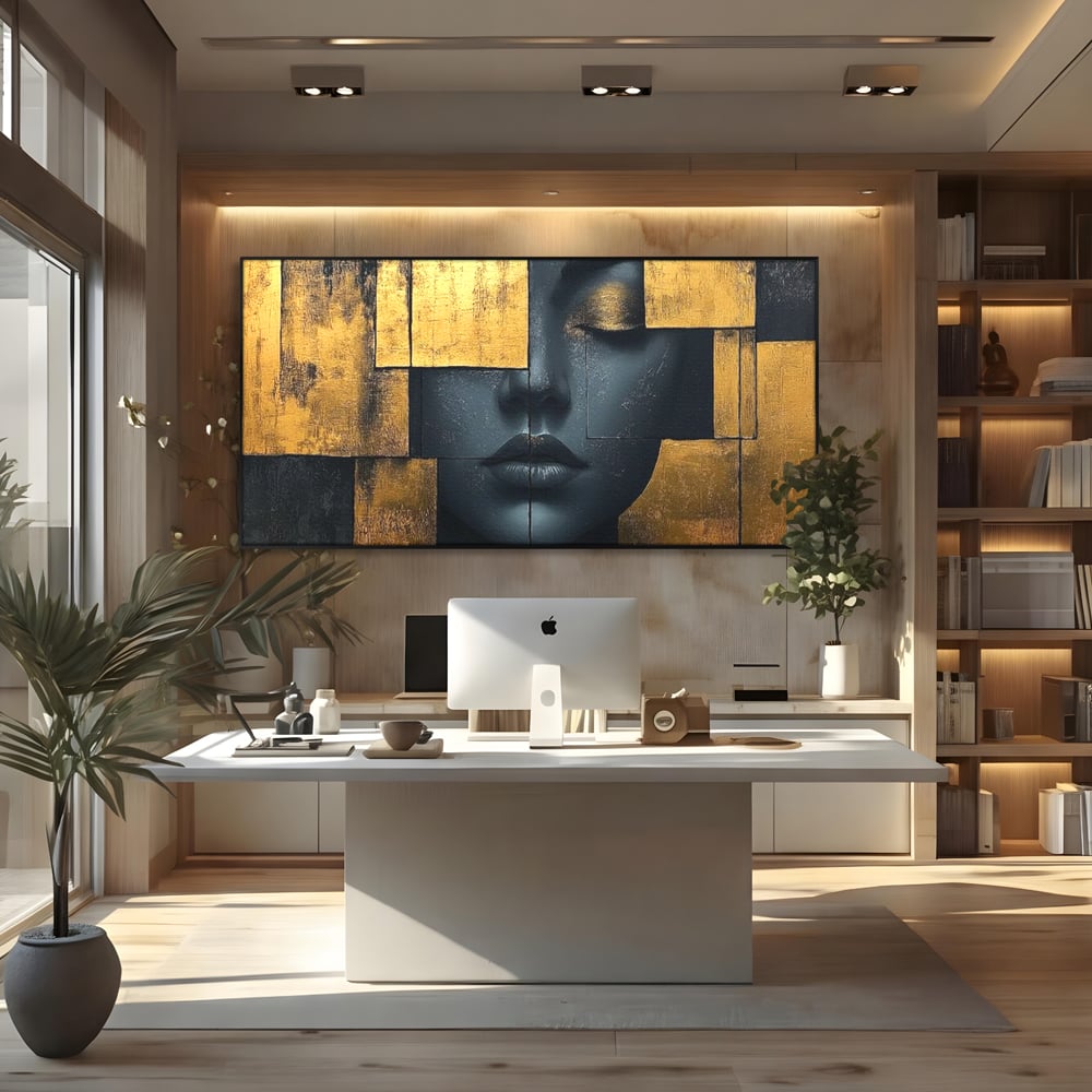 Leinwand Premium Canvas Wandkunst, LuxCanva® C1295, Frau als Tempel, Abstrakt, Porträt, Gold, Schwarz, Frau, Stille, Stille, Fliesen, Geometrie, Gesicht, Ruhe, Augen, Seele, Raffiniert, Büro, Wohnzimmer, Schlafzimmer