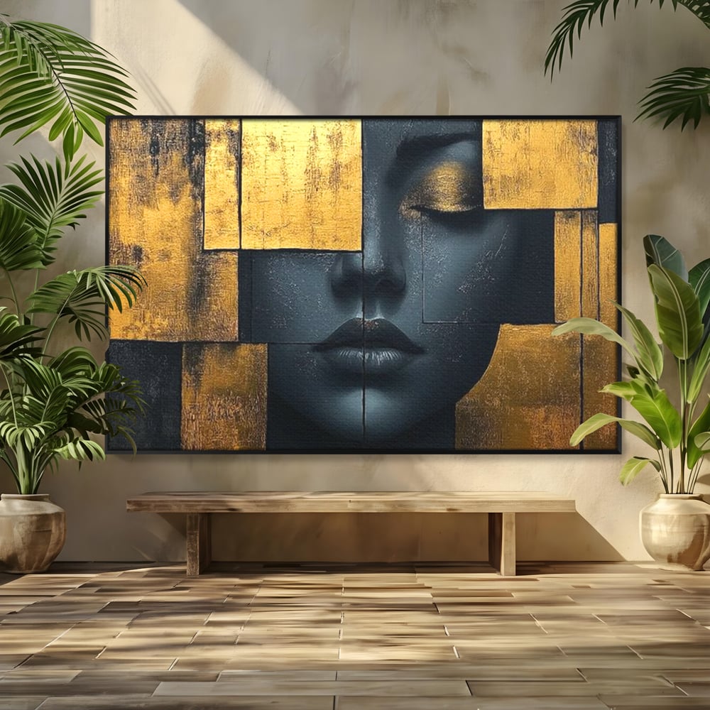 Leinwand Premium Canvas Wandkunst, LuxCanva® C1295, Frau als Tempel, Abstrakt, Porträt, Gold, Schwarz, Frau, Stille, Stille, Fliesen, Geometrie, Gesicht, Ruhe, Augen, Seele, Raffiniert, Büro, Wohnzimmer, Schlafzimmer