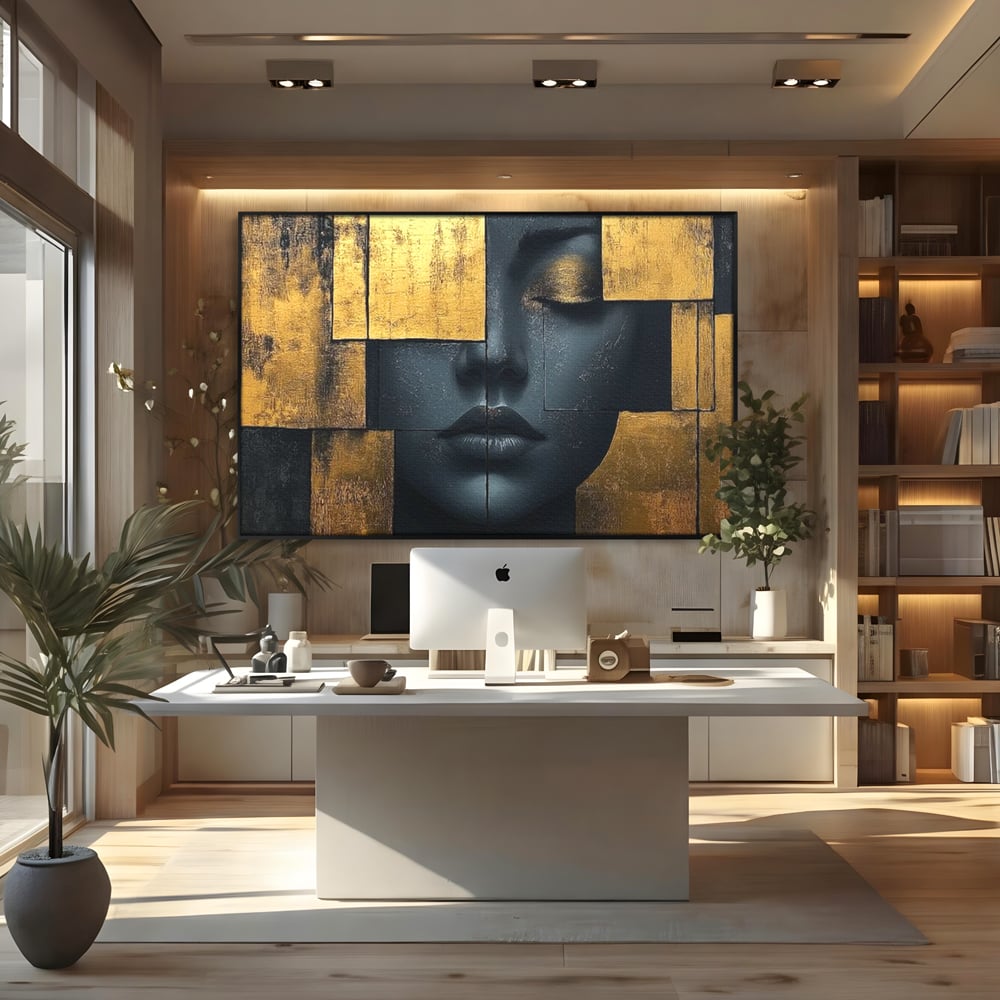 Leinwand Premium Canvas Wandkunst, LuxCanva® C1295, Frau als Tempel, Abstrakt, Porträt, Gold, Schwarz, Frau, Stille, Stille, Fliesen, Geometrie, Gesicht, Ruhe, Augen, Seele, Raffiniert, Büro, Wohnzimmer, Schlafzimmer
