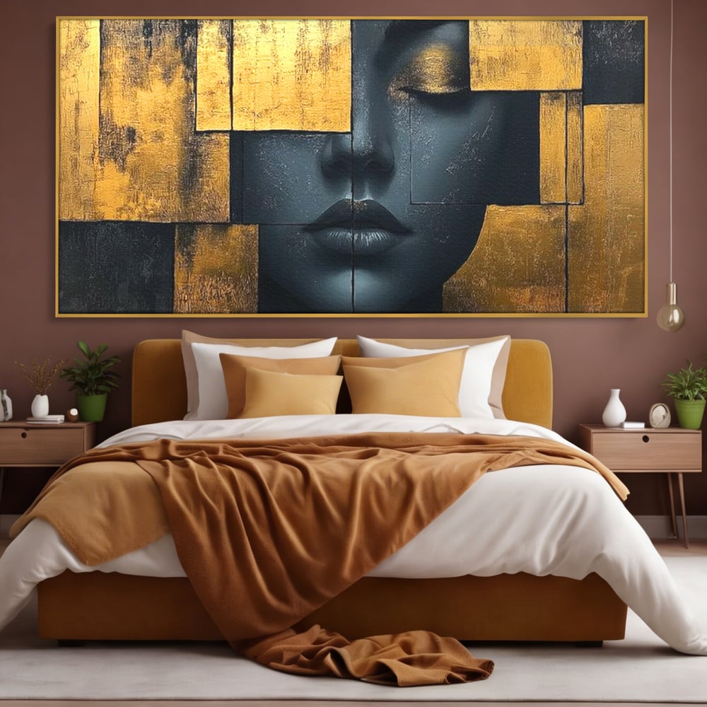 Leinwand Premium Canvas Wandkunst, LuxCanva® C1295, Frau als Tempel, Abstrakt, Porträt, Gold, Schwarz, Frau, Stille, Stille, Fliesen, Geometrie, Gesicht, Ruhe, Augen, Seele, Raffiniert, Büro, Wohnzimmer, Schlafzimmer