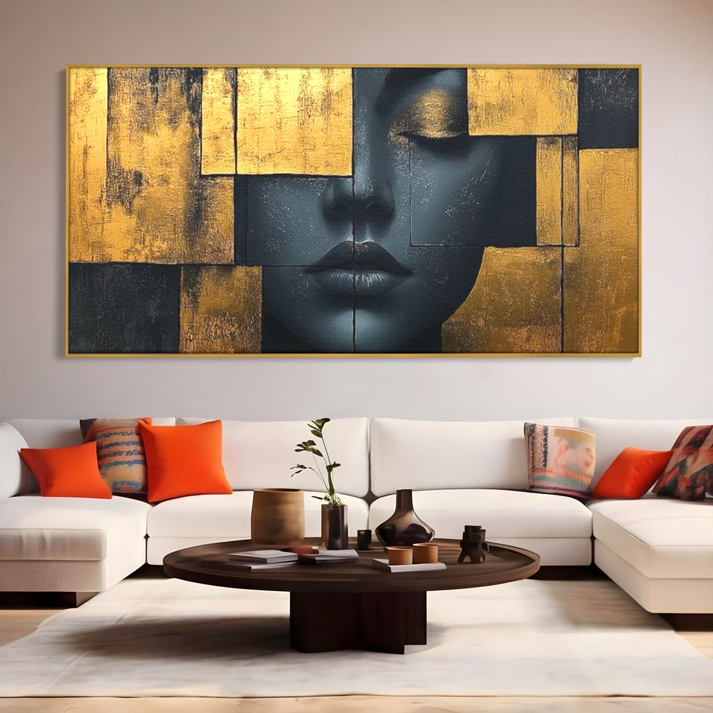 Leinwand Premium Canvas Wandkunst, LuxCanva® C1295, Frau als Tempel, Abstrakt, Porträt, Gold, Schwarz, Frau, Stille, Stille, Fliesen, Geometrie, Gesicht, Ruhe, Augen, Seele, Raffiniert, Büro, Wohnzimmer, Schlafzimmer