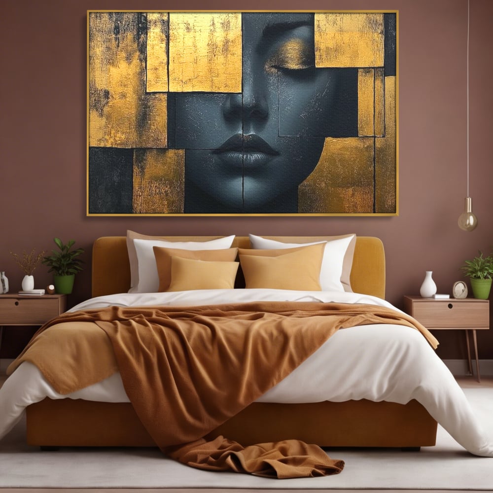 Leinwand Premium Canvas Wandkunst, LuxCanva® C1295, Frau als Tempel, Abstrakt, Porträt, Gold, Schwarz, Frau, Stille, Stille, Fliesen, Geometrie, Gesicht, Ruhe, Augen, Seele, Raffiniert, Büro, Wohnzimmer, Schlafzimmer
