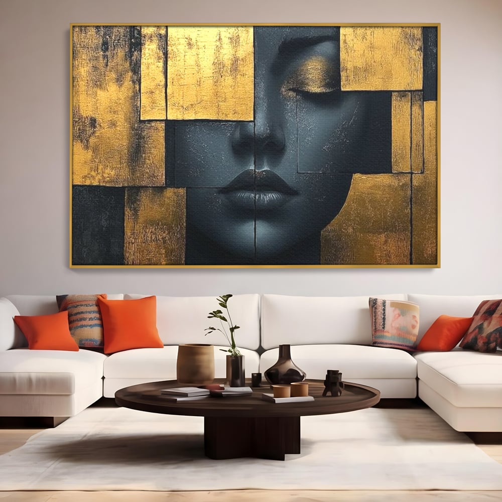 Leinwand Premium Canvas Wandkunst, LuxCanva® C1295, Frau als Tempel, Abstrakt, Porträt, Gold, Schwarz, Frau, Stille, Stille, Fliesen, Geometrie, Gesicht, Ruhe, Augen, Seele, Raffiniert, Büro, Wohnzimmer, Schlafzimmer