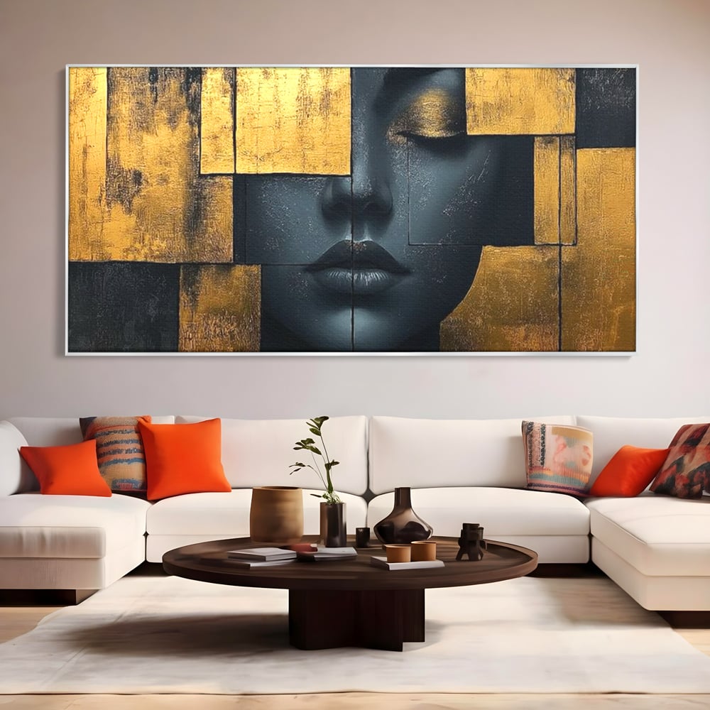 Leinwand Premium Canvas Wandkunst, LuxCanva® C1295, Frau als Tempel, Abstrakt, Porträt, Gold, Schwarz, Frau, Stille, Stille, Fliesen, Geometrie, Gesicht, Ruhe, Augen, Seele, Raffiniert, Büro, Wohnzimmer, Schlafzimmer