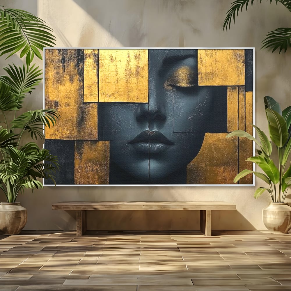 Leinwand Premium Canvas Wandkunst, LuxCanva® C1295, Frau als Tempel, Abstrakt, Porträt, Gold, Schwarz, Frau, Stille, Stille, Fliesen, Geometrie, Gesicht, Ruhe, Augen, Seele, Raffiniert, Büro, Wohnzimmer, Schlafzimmer