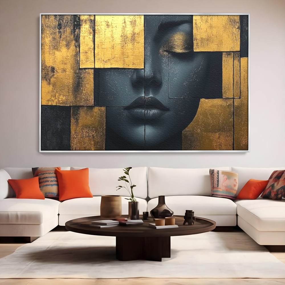 Leinwand Premium Canvas Wandkunst, LuxCanva® C1295, Frau als Tempel, Abstrakt, Porträt, Gold, Schwarz, Frau, Stille, Stille, Fliesen, Geometrie, Gesicht, Ruhe, Augen, Seele, Raffiniert, Büro, Wohnzimmer, Schlafzimmer