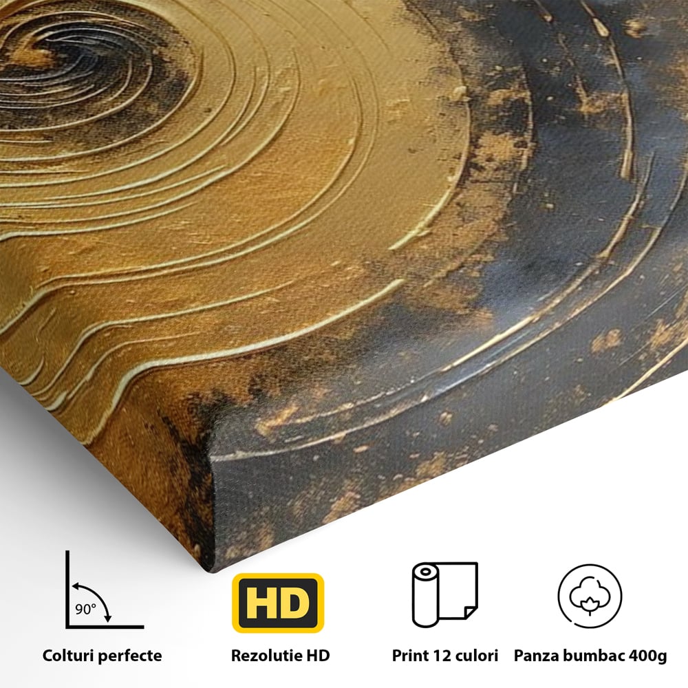 Tablou Canvas Premium, LuxCanva® C1296, Timp in rotatie, Abstract, Aur, Negru, Spirala, Centru, Univers, Memorie, Rotire, Haos, Decoratiune, Cosmologic, Mister, Uragan, Birou, Living, Dormitor