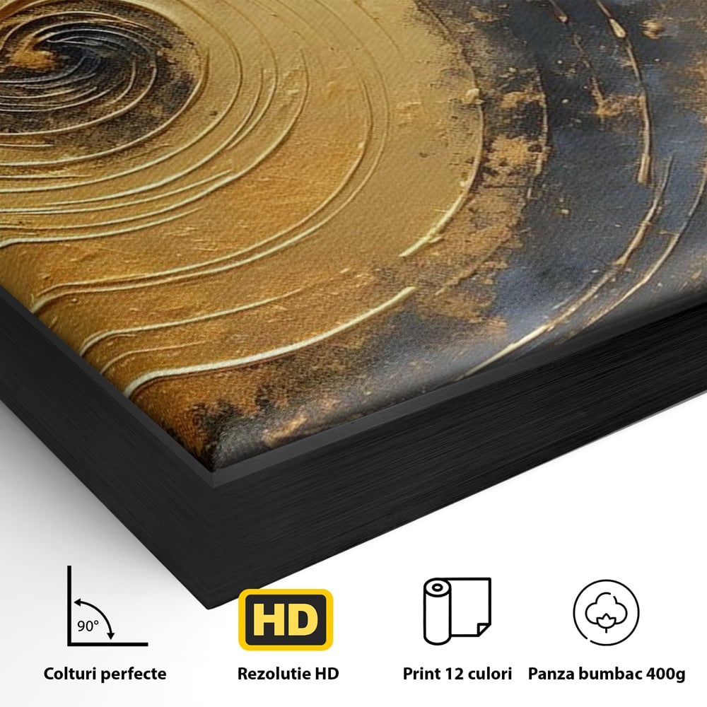 Tablou Canvas Premium, LuxCanva® C1296, Timp in rotatie, Abstract, Aur, Negru, Spirala, Centru, Univers, Memorie, Rotire, Haos, Decoratiune, Cosmologic, Mister, Uragan, Birou, Living, Dormitor