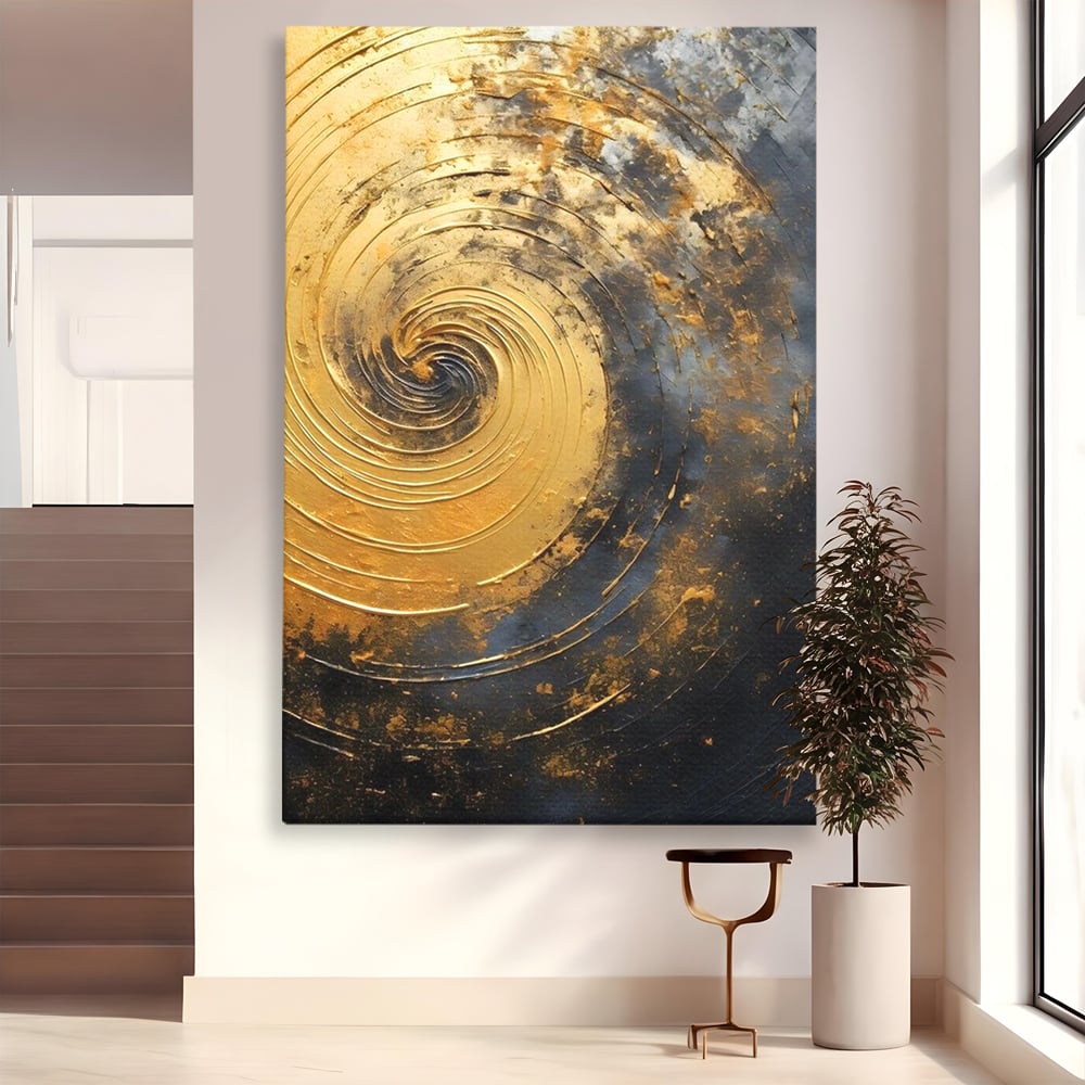 Tablou Canvas Premium, LuxCanva® C1296, Timp in rotatie, Abstract, Aur, Negru, Spirala, Centru, Univers, Memorie, Rotire, Haos, Decoratiune, Cosmologic, Mister, Uragan, Birou, Living, Dormitor