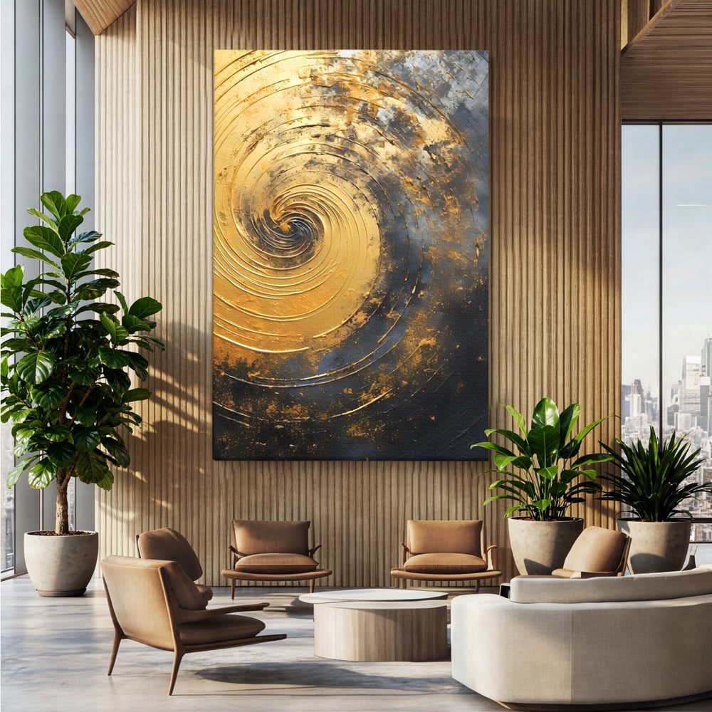 Tablou Canvas Premium, LuxCanva® C1296, Timp in rotatie, Abstract, Aur, Negru, Spirala, Centru, Univers, Memorie, Rotire, Haos, Decoratiune, Cosmologic, Mister, Uragan, Birou, Living, Dormitor