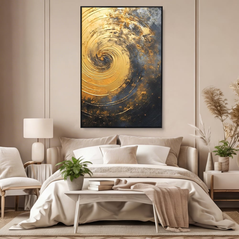 Tablou Canvas Premium, LuxCanva® C1296, Timp in rotatie, Abstract, Aur, Negru, Spirala, Centru, Univers, Memorie, Rotire, Haos, Decoratiune, Cosmologic, Mister, Uragan, Birou, Living, Dormitor