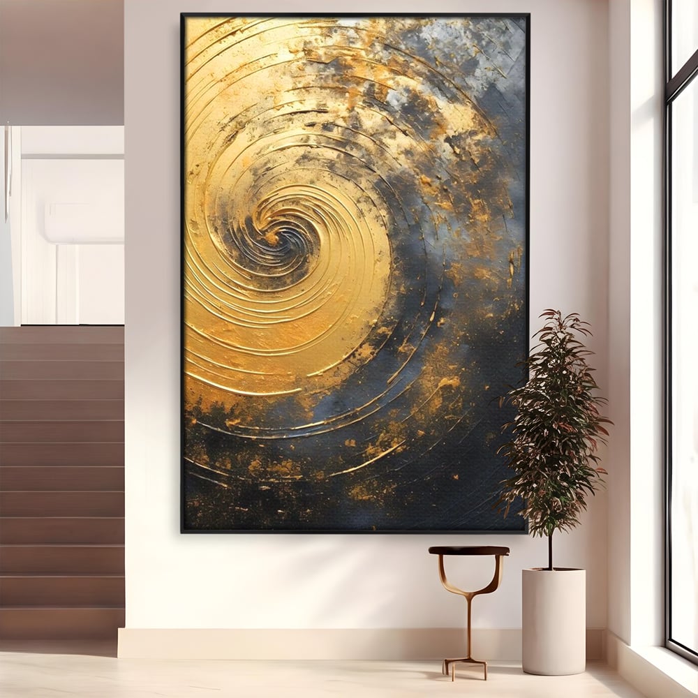 Tablou Canvas Premium, LuxCanva® C1296, Timp in rotatie, Abstract, Aur, Negru, Spirala, Centru, Univers, Memorie, Rotire, Haos, Decoratiune, Cosmologic, Mister, Uragan, Birou, Living, Dormitor