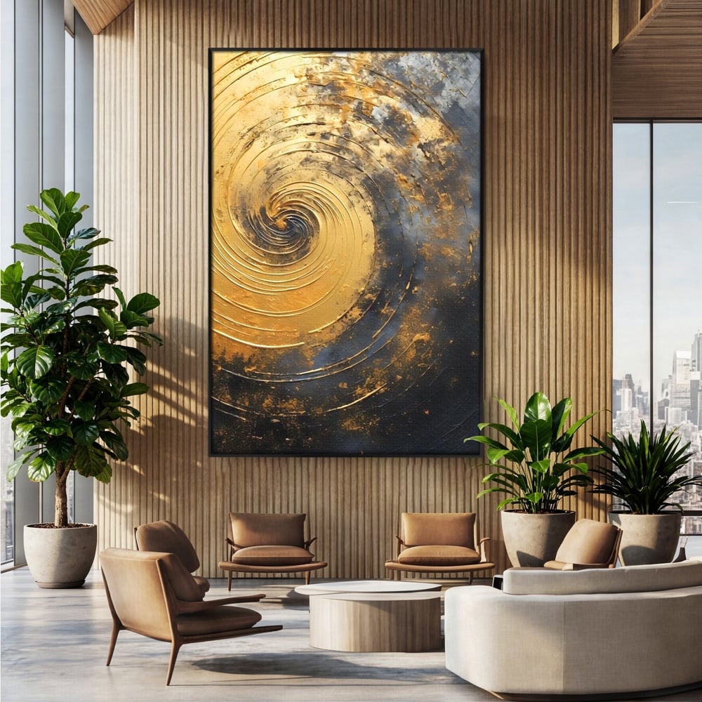 Tablou Canvas Premium, LuxCanva® C1296, Timp in rotatie, Abstract, Aur, Negru, Spirala, Centru, Univers, Memorie, Rotire, Haos, Decoratiune, Cosmologic, Mister, Uragan, Birou, Living, Dormitor