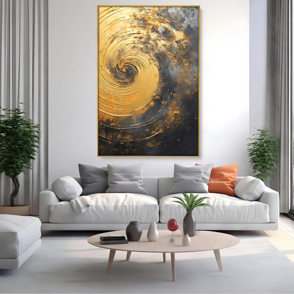 Tablou Canvas Premium, LuxCanva® C1296, Timp in rotatie, Abstract, Aur, Negru, Spirala, Centru, Univers, Memorie, Rotire, Haos, Decoratiune, Cosmologic, Mister, Uragan, Birou, Living, Dormitor