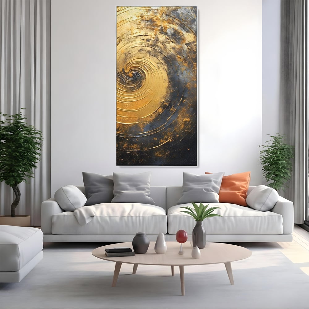Tablou Canvas Premium, LuxCanva® C1296, Timp in rotatie, Abstract, Aur, Negru, Spirala, Centru, Univers, Memorie, Rotire, Haos, Decoratiune, Cosmologic, Mister, Uragan, Birou, Living, Dormitor