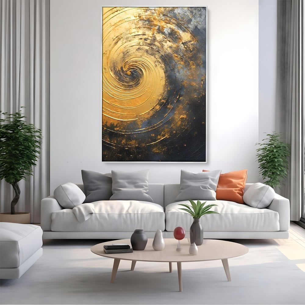Tablou Canvas Premium, LuxCanva® C1296, Timp in rotatie, Abstract, Aur, Negru, Spirala, Centru, Univers, Memorie, Rotire, Haos, Decoratiune, Cosmologic, Mister, Uragan, Birou, Living, Dormitor