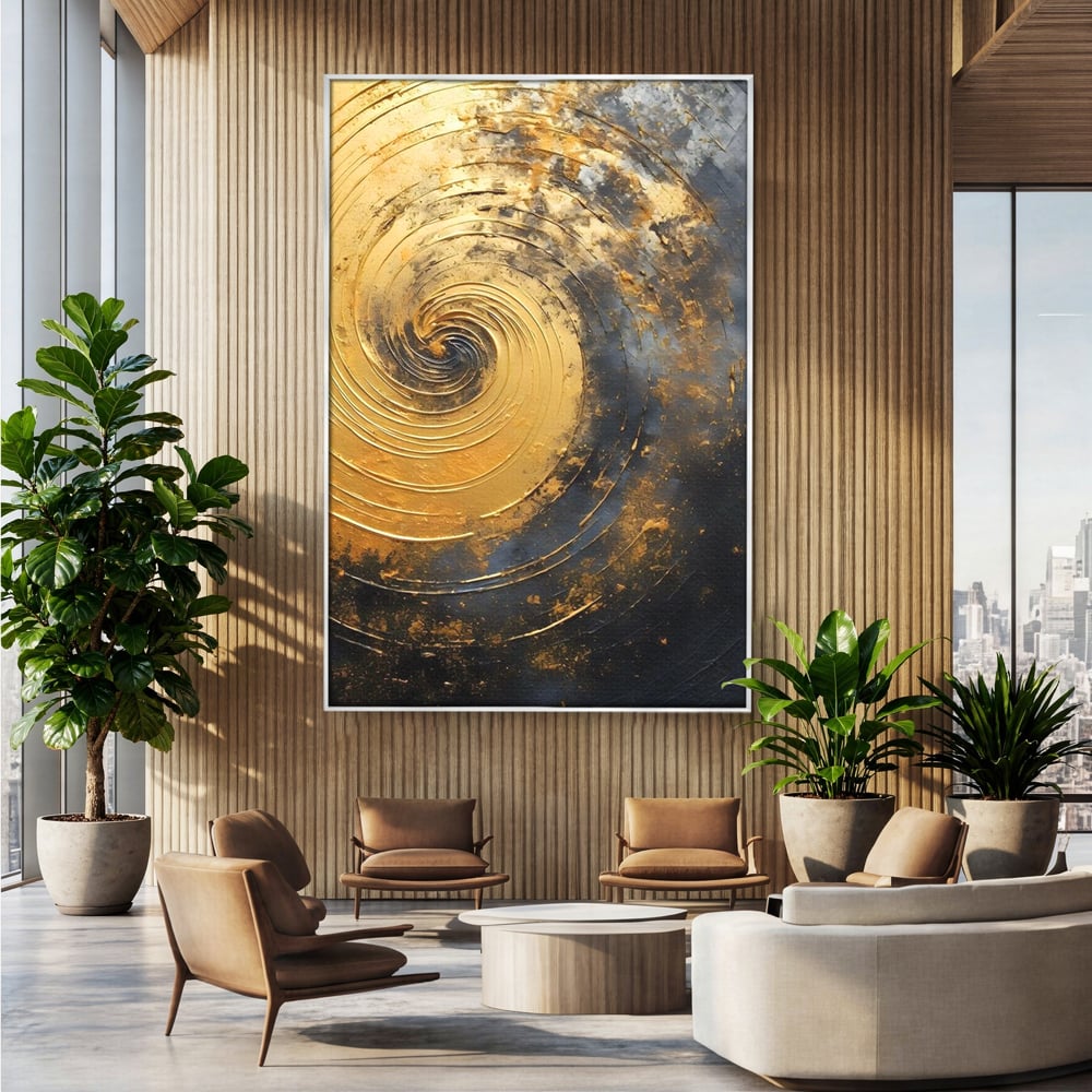 Tablou Canvas Premium, LuxCanva® C1296, Timp in rotatie, Abstract, Aur, Negru, Spirala, Centru, Univers, Memorie, Rotire, Haos, Decoratiune, Cosmologic, Mister, Uragan, Birou, Living, Dormitor